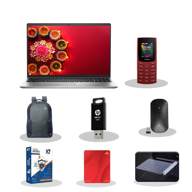 Picture of  Dell Inspiron 3530 - 13th Gen Intel Core i5 15.6" (39.62 cm) Thin & Light Laptop (16GB/ 512GB SSD/ Full HD Display/ Windows 11 Home/ MS Office 2021/ Intel UHD Graphics/ 1 Year Warranty/ Platinum Silver/ 1.62kg) with Nokia 106 Keypad Phone + Laptop Bag + K7 Antivirus + Wireless Mouse + Mouse Pad + Pendrive + Laptop Key Skin